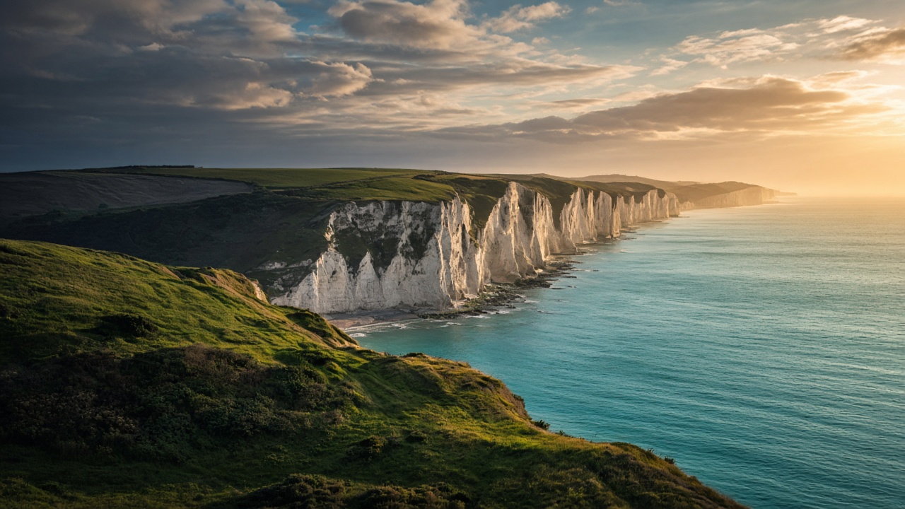 White cliffs and turquoise sea on the English coast at golden hour
